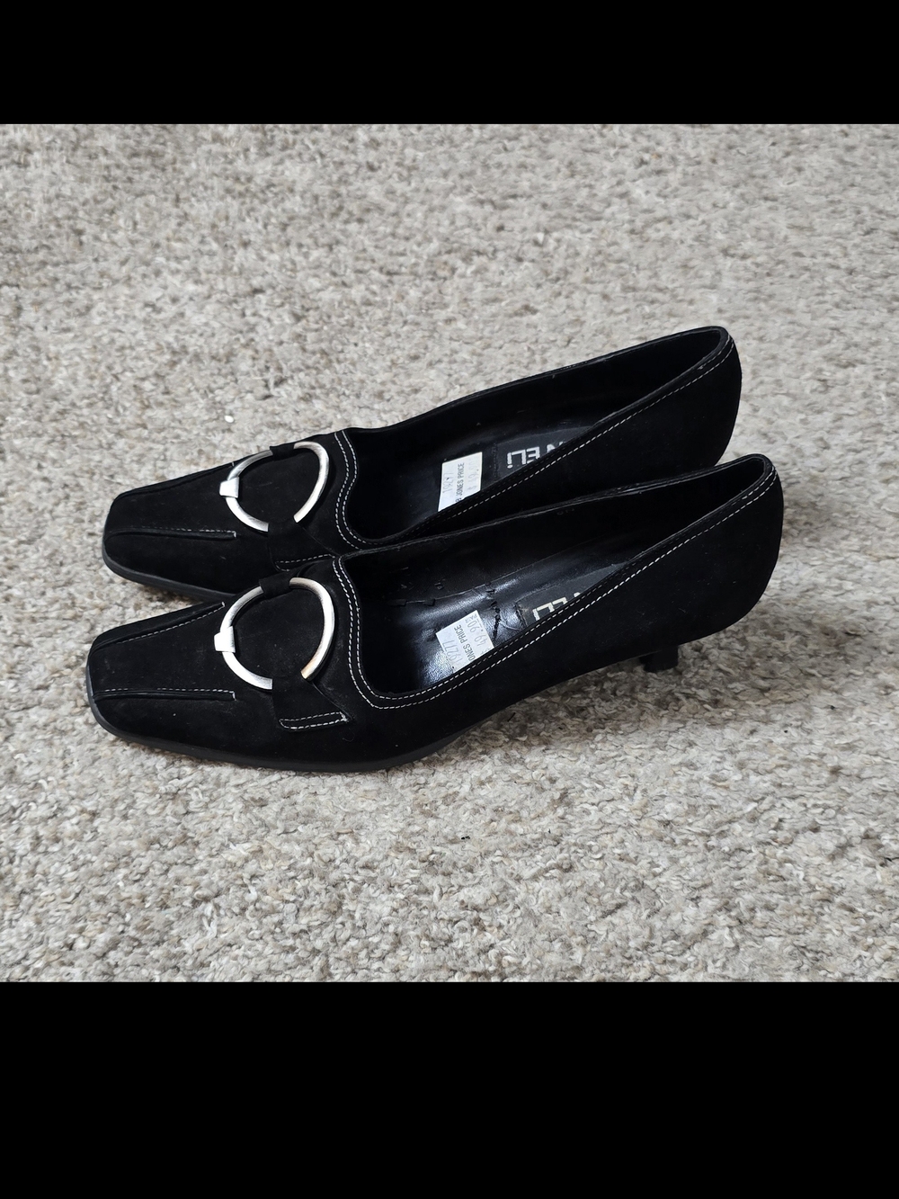 Vintage Vaneli Women’s Black Suede Square Toe Slip-On Kitten Heel Buckle 8 (Y2K)